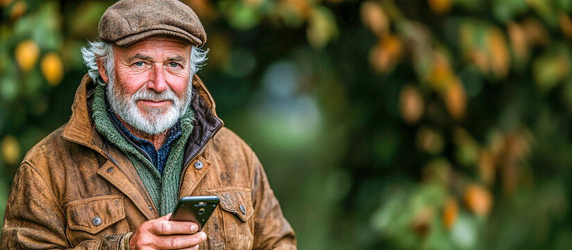 Senior farmer using smartphone in orchard, modern agriculture and technology - Powered by Adobe