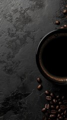 Dark coffee and scattered beans on black stone.
