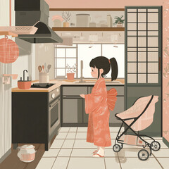 Young woman in pink kimono standing quietly in room. Mother and baby in stroller in kitchen
