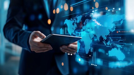 Digital business and technology in cargo logistics with a manager tracking deliveries online using a tablet World map as a background for international distribution