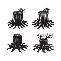 Set of Tree stump silhouette, black and white silhouette, vector and illustration