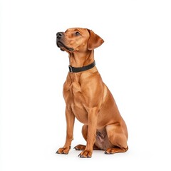 Obraz premium A confident and alert brown Rhodesian Ridgeback dog sits proudly, showcasing its beautiful coat and attentive expression against a clean background.