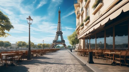 Vibrant colors of an empty parisian caf   with iconic tower creating a picturesque scene