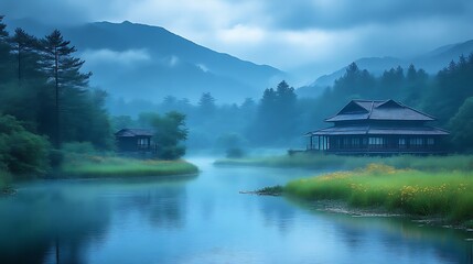 Fototapeta premium Serene Mountain Lake Houses Misty Landscape