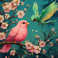 A pink bird sits quietly on a blossoming sakura branch, and an aggressive green bird with a toothy mouth flies towards it