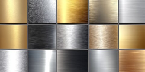 Scratched metal textures in chrome gold and silver Shiny brushed metallic gradients with grunge backgrounds for banners labels or buttons