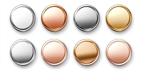 Set of metallic chrome circle buttons in rose gold bronze silver steel holographic and gold Shiny foil design elements for web apps and backgrounds