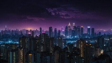 Fototapeta premium Night City Skyline Glowing Buildings Purple Sky
