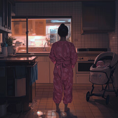 Young woman in pink kimono standing in dark room looking out window. Mother and baby in stroller in kitchen