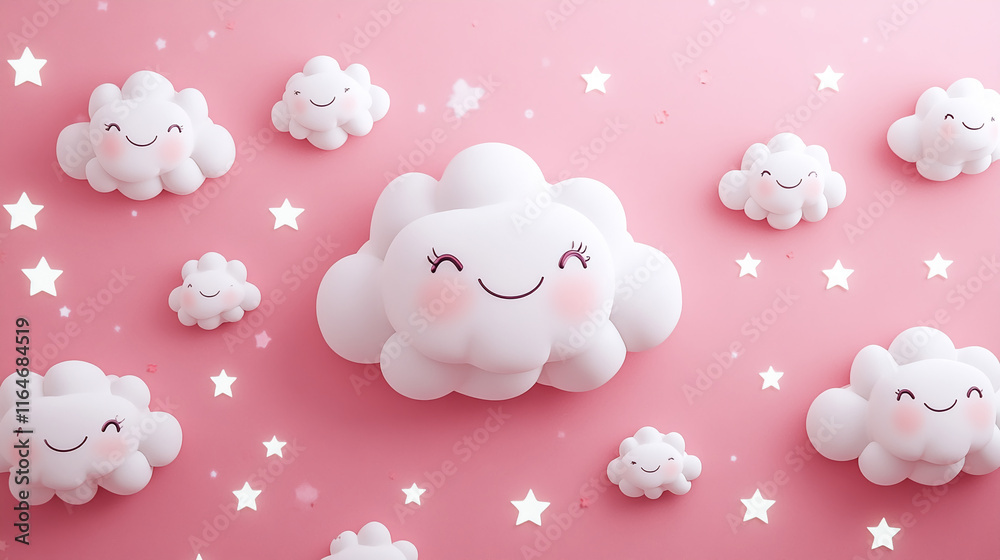 Poster cute smiling clouds with stars on a pink background for dreamy and playful designs
