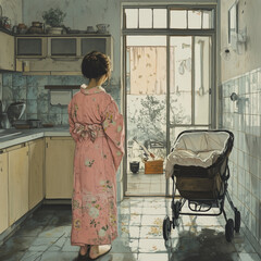 Young woman in pink kimono standing in dirty kitchen with baby stroller and looking out window