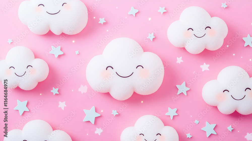 Poster adorable smiling clouds with stars on a pastel pink background, creating a whimsical scene