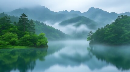 Misty Mountain Lake Reflecting Lush Green Trees