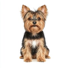 A cute Yorkshire Terrier sitting confidently, showcasing its beautiful coat and expressive eyes, perfect for pet lovers.