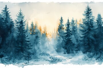 Serene watercolor forest scene capturing the beauty of nature surrounded by mist and trees at dawn.