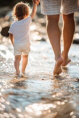 Father and toddler walking hand in hand along a sunlit beach during golden hour near the water's edge