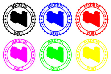 Made in Libya - rubber stamp - vector, Libya map pattern - black, blue, green, yellow, purple and red