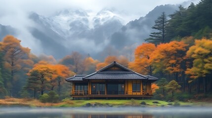 Naklejka premium Serene Autumn House Nestled Amongst Misty Mountains