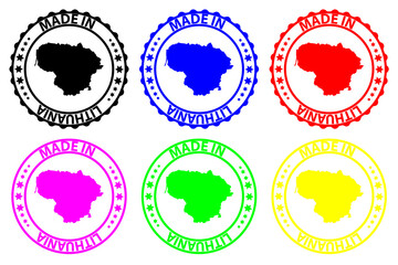 Made in Lithuania - rubber stamp - vector, Lithuania map pattern - black, blue, green, purple, yellow and red