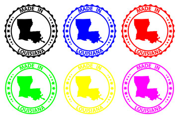 Made in Louisiana - rubber stamp - vector, Louisiana (United States of America) map pattern - black, blue, green, yellow, purple and red