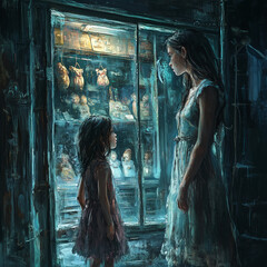 A tired mother and daughter stand in torn clothes in front of a toy store and look at the display window