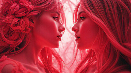 Naklejka premium Two women facing each other with red roses and vibrant tones