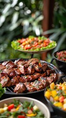 Grilled meat platter with vibrant salads and vegetables at an outdoor buffet.