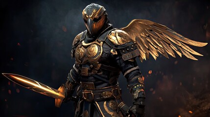 Fototapeta premium Angelic Warrior With Golden Wings And Sword