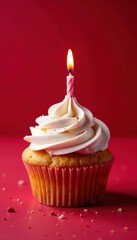 Freshly baked cupcake with a lit candle atop sits on a red velvet background, dinner, food