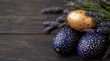 Obraz premium Vibrantly colored eggs in shimmering purple and gold nestled among sprigs of fresh lavender on a rustic wooden table.