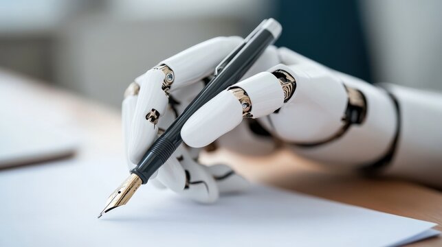 A high-tech robotic hand gracefully holds a pen, poised to write on a sheet of white paper, symbolizing technological innovation.
