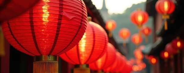 Obraz premium Cluster of red lanterns, various sizes, outdoor setting, garden, chinese, colorful