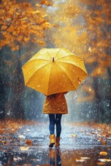 Enjoying a rainy autumn day with a yellow umbrella in a colorful landscape