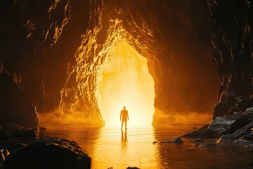 Solitary Figure at Caves Entrance Golden Light