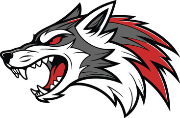 A cartoon logo of a fierce wolf's head in a side profile.