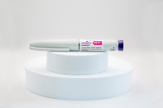 Childers Queensland Australia - December 21 2024: Mounjaro tirzepatide GLP-1 GIP receptor agonist, kwik pen injection injectable type 2 diabetes, off label weight loss, drug medication