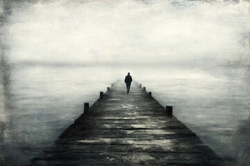 Solitary Figure Walking a Misty Wooden Pier