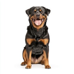 Fototapeta premium A happy Rottweiler dog sitting and smiling, showcasing its playful and friendly personality.