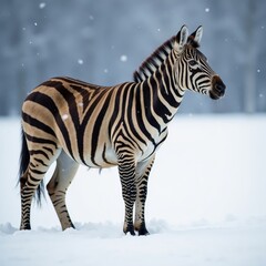 Fototapeta premium Grey striped animal standing alone in a snowy landscape, zebra, white background