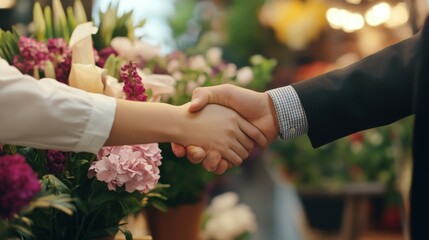 Creative, people and shaking hands with meeting success for florist partnership, supplier deal or hiring employee. Small business, handshake and welcome to flower shop with onboarding and thank you