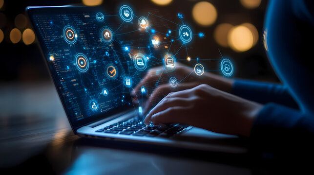 A person using a laptop to find contact inf, supported by ai recruitment technology, showcasing hiring automation and ai powered chatbots. Leafen. Illustration