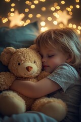 Child peacefully sleeping while hugging a teddy bear surrounded by soft glowing lights © Tatiana