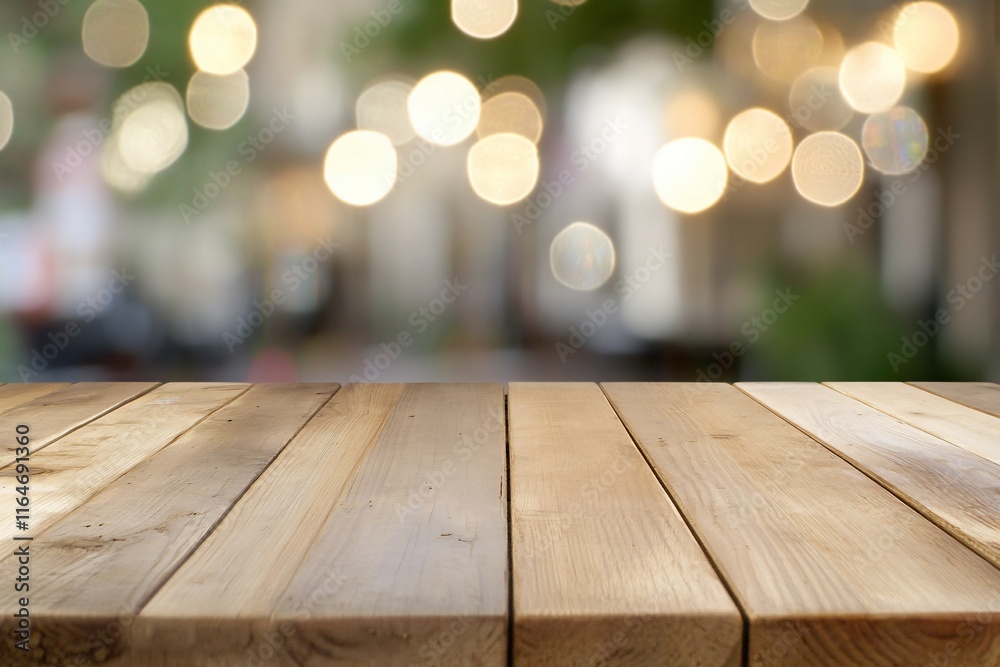 Poster A wooden table with a blurred bokeh background, creating a cozy atmosphere.