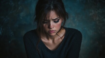 Sad woman, portrait or fear with trauma for abuse, anxiety or stress in mental illness on a dark studio background. Scared, female person or nervous victim with worry, afraid or feeling in isolation