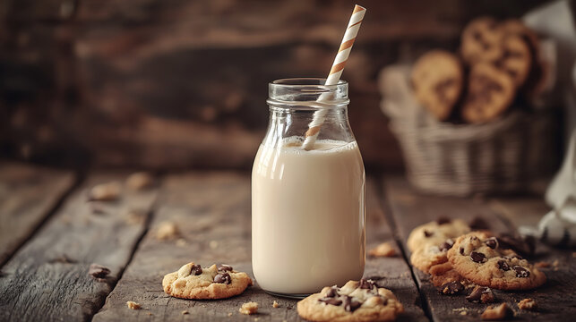 Milk served in a transparent glass bottle with a striped paper straw, surrounded by scattered cookies 