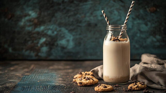 Milk served in a transparent glass bottle with a striped paper straw, surrounded by scattered cookies 