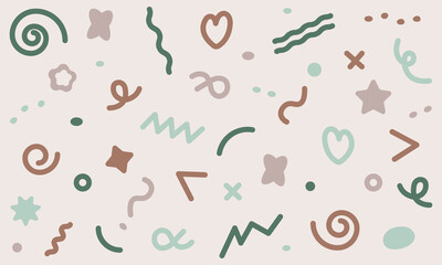 Set of colourful abstract patterns, lines, different shapes, strokes, curls.Modern drawing for children's party in pastel colours. Vector illustration.