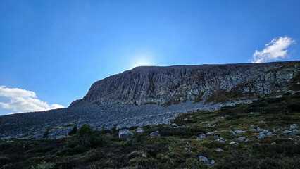 Hiking a mountain with strangely shaped rocks, Rundemellin, Norway