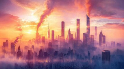 Fototapeta premium Urban Skyline at Sunset with Vivid Colors and Soft Light