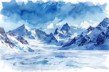 Obraz premium A stunning watercolor painting of snow-covered mountains under a bright blue sky, showcasing serene winter beauty.